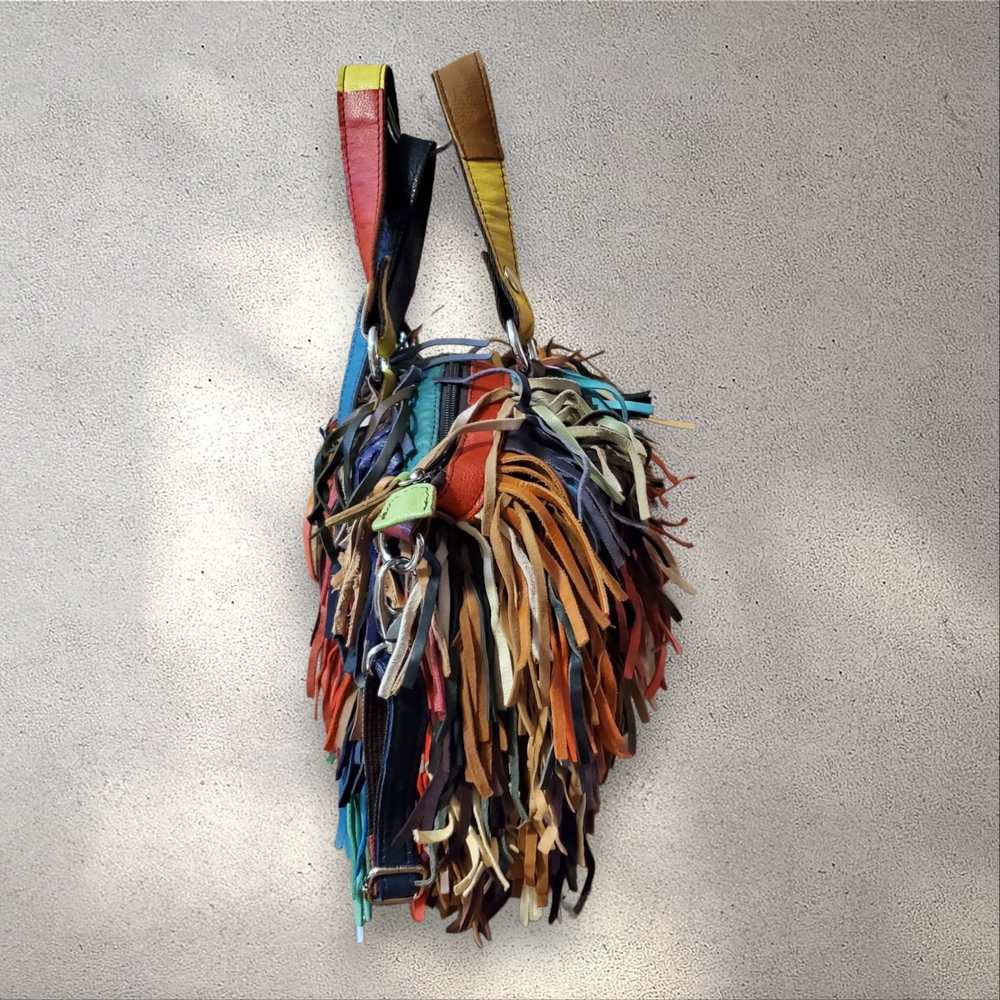 Vintage Multicolored All Leather Fringed Handbag Y2K Boho Tassel Satchel Purse - Picture 11 of 14